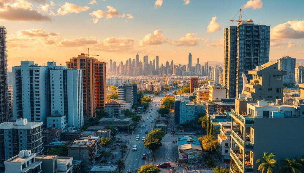 A bustling Brazilian real estate market, captured in a vibrant urban landscape. In the foreground, a diverse array of high-rise buildings and residential complexes, reflecting the dynamic growth of the sector. The middle ground showcases busy streets lined with real estate agencies, construction sites, and potential homebuyers engaged in lively discussions. In the background, a panoramic view of the city skyline, with towering skyscrapers and modern architectural marvels. Warm, golden lighting casts a welcoming glow, conveying a sense of opportunity and economic prosperity. The scene is rendered with a sense of depth and motion, capturing the energy and vibrancy of the current Brazilian real estate landscape. A bustling Brazilian real estate market, captured in a vibrant urban landscape. In the foreground, a diverse array of high-rise buildings and residential complexes, reflecting the dynamic growth of the sector. The middle ground showcases busy streets lined with real estate agencies, construction sites, and potential homebuyers engaged in lively discussions. In the background, a panoramic view of the city skyline, with towering skyscrapers and modern architectural marvels. Warm, golden lighting casts a welcoming glow, conveying a sense of opportunity and economic prosperity. The scene is rendered with a sense of depth and motion, capturing the energy and vibrancy of the current Brazilian real estate landscape.