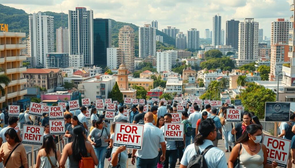 A bustling Brazilian real estate rental market, captured in a dynamic wide-angle view. In the foreground, prospective tenants navigate a sea of "For Rent" signs, interacting with property agents amidst a flurry of activity. The middle ground showcases a diverse array of residential and commercial properties, each with its own distinct architectural style. In the background, towering high-rises and lush greenery create an urban landscape, conveying the vibrancy and growth of the local real estate industry. The scene is illuminated by warm, natural lighting, evoking a sense of optimism and opportunity. An image that encapsulates the vibrant, multifaceted nature of the Brazilian real estate rental market. A bustling Brazilian real estate rental market, captured in a dynamic wide-angle view. In the foreground, prospective tenants navigate a sea of "For Rent" signs, interacting with property agents amidst a flurry of activity. The middle ground showcases a diverse array of residential and commercial properties, each with its own distinct architectural style. In the background, towering high-rises and lush greenery create an urban landscape, conveying the vibrancy and growth of the local real estate industry. The scene is illuminated by warm, natural lighting, evoking a sense of optimism and opportunity. An image that encapsulates the vibrant, multifaceted nature of the Brazilian real estate rental market.