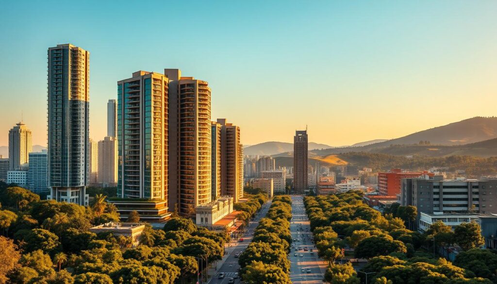 A bustling city skyline of Maringá, Brazil, bathed in warm, golden afternoon light. Towering high-rise buildings and modern architecture stand tall, reflecting the growth and prosperity of the region. In the foreground, a new luxury condominium development takes shape, its sleek glass façade and lush landscaping symbolizing the thriving real estate market. In the middle ground, tree-lined streets and bustling pedestrian activity suggest a vibrant, livable community. The background reveals the rolling hills and verdant landscape that have made Maringá a desirable destination for both residents and investors. A sense of dynamic growth and opportunity pervades the scene, capturing the essence of why investing in Maringá's real estate could be a wise choice. A bustling city skyline of Maringá, Brazil, bathed in warm, golden afternoon light. Towering high-rise buildings and modern architecture stand tall, reflecting the growth and prosperity of the region. In the foreground, a new luxury condominium development takes shape, its sleek glass façade and lush landscaping symbolizing the thriving real estate market. In the middle ground, tree-lined streets and bustling pedestrian activity suggest a vibrant, livable community. The background reveals the rolling hills and verdant landscape that have made Maringá a desirable destination for both residents and investors. A sense of dynamic growth and opportunity pervades the scene, capturing the essence of why investing in Maringá's real estate could be a wise choice.
