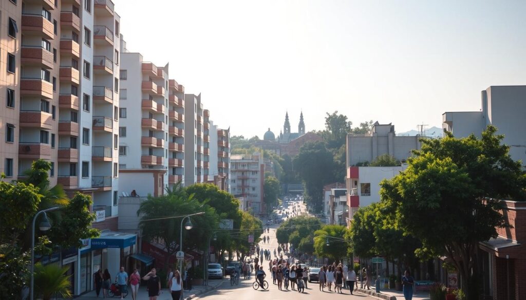 A bustling city street in Maringá, Brazil, with a diverse array of residential buildings, from modern high-rises to charming low-rise apartments, nestled among lush greenery. Pedestrians stroll along the sidewalks, stopping to admire the vibrant local shops and cafes. Sunlight filters through the canopy of trees, casting a warm, inviting glow over the scene. In the distance, the silhouette of a nearby landmark, like a church or town square, can be seen, hinting at the rich history and character of the neighborhood. The overall atmosphere conveys a sense of community, livability, and the importance of choosing the right neighborhood to call home. A bustling city street in Maringá, Brazil, with a diverse array of residential buildings, from modern high-rises to charming low-rise apartments, nestled among lush greenery. Pedestrians stroll along the sidewalks, stopping to admire the vibrant local shops and cafes. Sunlight filters through the canopy of trees, casting a warm, inviting glow over the scene. In the distance, the silhouette of a nearby landmark, like a church or town square, can be seen, hinting at the rich history and character of the neighborhood. The overall atmosphere conveys a sense of community, livability, and the importance of choosing the right neighborhood to call home.