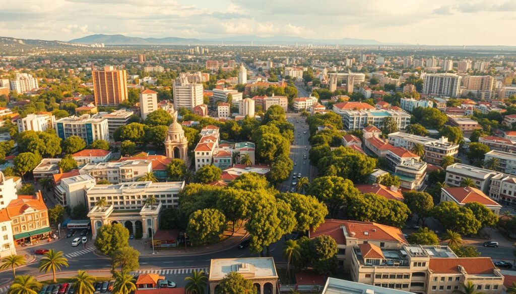 A bustling cityscape depicting the different neighborhoods of Maringá, each catering to a specific stage of life. In the foreground, a lively urban center with vibrant restaurants, shops, and entertainment venues, perfect for young professionals. Further back, serene residential areas with tree-lined streets and family-friendly amenities, ideal for growing families. In the distance, quieter, more refined neighborhoods with elegant architecture and proximity to cultural institutions, tailored for retirees seeking a peaceful lifestyle. The scene is bathed in warm, golden light, conveying a sense of harmony and community. Rendered with a cinematic, wide-angle perspective to capture the diverse tapestry of Maringá's thriving neighborhoods. A bustling cityscape depicting the different neighborhoods of Maringá, each catering to a specific stage of life. In the foreground, a lively urban center with vibrant restaurants, shops, and entertainment venues, perfect for young professionals. Further back, serene residential areas with tree-lined streets and family-friendly amenities, ideal for growing families. In the distance, quieter, more refined neighborhoods with elegant architecture and proximity to cultural institutions, tailored for retirees seeking a peaceful lifestyle. The scene is bathed in warm, golden light, conveying a sense of harmony and community. Rendered with a cinematic, wide-angle perspective to capture the diverse tapestry of Maringá's thriving neighborhoods.