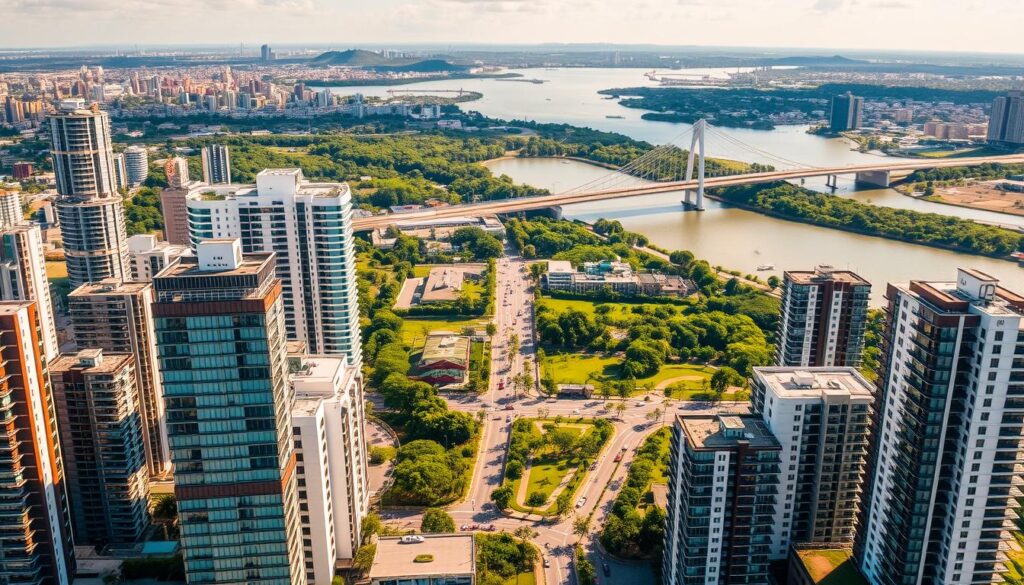 A bustling cityscape of Maringá, Brazil, captured in a wide-angle aerial view. The foreground features a vibrant mix of modern high-rise apartment buildings, with their sleek glass facades reflecting the warm, golden light of the sun. In the middle ground, lush green parks and tree-lined avenues weave through the urban landscape, offering a serene contrast to the towering structures. The background is dominated by the iconic Hercílio Luz Bridge, stretching across the glistening waters of the Paraná River, creating a picturesque setting that embodies the dynamic growth and development of this thriving city. The scene conveys a sense of progress, modernity, and the allure of living in this desirable real estate market. A bustling cityscape of Maringá, Brazil, captured in a wide-angle aerial view. The foreground features a vibrant mix of modern high-rise apartment buildings, with their sleek glass facades reflecting the warm, golden light of the sun. In the middle ground, lush green parks and tree-lined avenues weave through the urban landscape, offering a serene contrast to the towering structures. The background is dominated by the iconic Hercílio Luz Bridge, stretching across the glistening waters of the Paraná River, creating a picturesque setting that embodies the dynamic growth and development of this thriving city. The scene conveys a sense of progress, modernity, and the allure of living in this desirable real estate market.