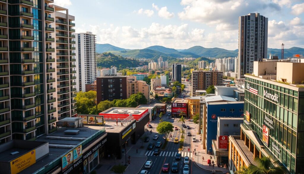 A bustling cityscape of Maringá's vibrant real estate market. In the foreground, a panorama of high-rise residential and commercial buildings, their modern facades gleaming under the warm afternoon sun. In the middle ground, bustling streets lined with real estate agencies, their window displays showcasing an array of tempting property listings. In the background, the lush green hills and parks that characterize Maringá's verdant landscape, providing a serene contrast to the dynamic urban environment. The scene conveys a sense of growth, opportunity, and a thriving local economy, captured through a wide-angle lens that emphasizes the scale and vibrancy of Maringá's real estate landscape. A bustling cityscape of Maringá's vibrant real estate market. In the foreground, a panorama of high-rise residential and commercial buildings, their modern facades gleaming under the warm afternoon sun. In the middle ground, bustling streets lined with real estate agencies, their window displays showcasing an array of tempting property listings. In the background, the lush green hills and parks that characterize Maringá's verdant landscape, providing a serene contrast to the dynamic urban environment. The scene conveys a sense of growth, opportunity, and a thriving local economy, captured through a wide-angle lens that emphasizes the scale and vibrancy of Maringá's real estate landscape.