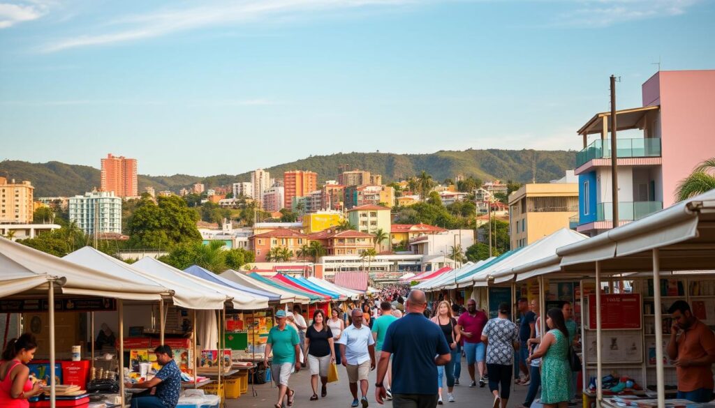 A bustling outdoor seasonal rental market in Maringá, Brazil. In the foreground, rows of colorful stalls and tents offer a diverse array of vacation rentals, from cozy apartments to luxurious villas. Prospective renters browse the offerings, negotiating deals with friendly local hosts. The middle ground showcases the vibrant architecture of Maringá, with its mix of modern high-rises and charming colonial-style buildings. In the background, lush green hills and a clear blue sky create a picturesque setting, conveying the idyllic atmosphere of this popular tourist destination. Warm, diffused lighting illuminates the scene, highlighting the energetic yet relaxed ambiance of the seasonal rental market. A bustling outdoor seasonal rental market in Maringá, Brazil. In the foreground, rows of colorful stalls and tents offer a diverse array of vacation rentals, from cozy apartments to luxurious villas. Prospective renters browse the offerings, negotiating deals with friendly local hosts. The middle ground showcases the vibrant architecture of Maringá, with its mix of modern high-rises and charming colonial-style buildings. In the background, lush green hills and a clear blue sky create a picturesque setting, conveying the idyllic atmosphere of this popular tourist destination. Warm, diffused lighting illuminates the scene, highlighting the energetic yet relaxed ambiance of the seasonal rental market.