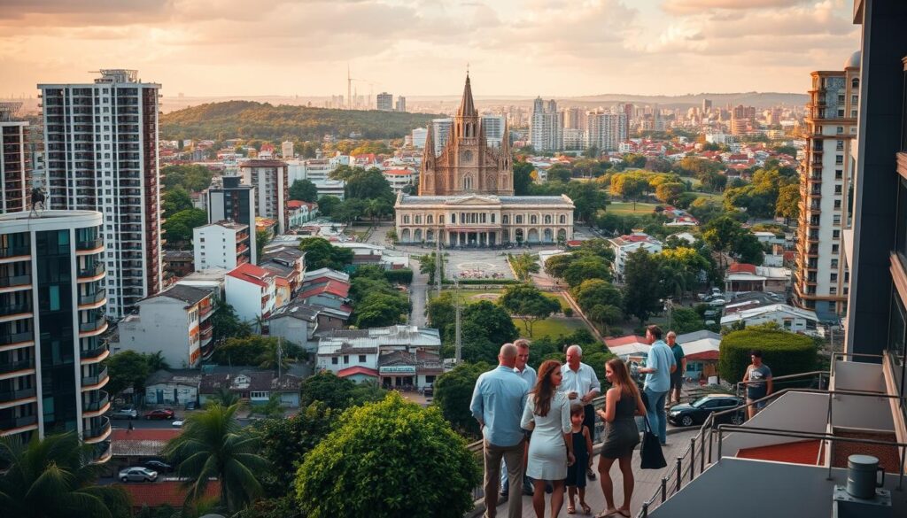 A bustling real estate market in Maringá, Brazil. In the foreground, a thriving hub of residential and commercial properties, with modern high-rise buildings and well-maintained neighborhoods. The middle ground features prospective buyers and real estate agents engaged in lively discussions, negotiating deals amidst the lush greenery and vibrant local architecture. The background showcases the picturesque cityscape, with the iconic Maringá Cathedral and verdant parks creating a serene, yet dynamic atmosphere. Warm, golden-hour lighting bathes the scene, evoking a sense of prosperity and opportunity in this flourishing real estate landscape. A bustling real estate market in Maringá, Brazil. In the foreground, a thriving hub of residential and commercial properties, with modern high-rise buildings and well-maintained neighborhoods. The middle ground features prospective buyers and real estate agents engaged in lively discussions, negotiating deals amidst the lush greenery and vibrant local architecture. The background showcases the picturesque cityscape, with the iconic Maringá Cathedral and verdant parks creating a serene, yet dynamic atmosphere. Warm, golden-hour lighting bathes the scene, evoking a sense of prosperity and opportunity in this flourishing real estate landscape.