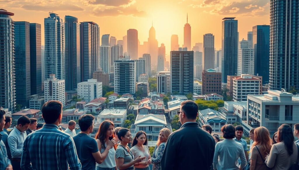 A bustling real estate marketplace, filled with towering skyscrapers and modern architectural marvels. In the foreground, prospective homebuyers and sellers engage in lively discussions, gesturing animatedly as they negotiate the complexities of the housing market. The middle ground showcases a diverse array of residential and commercial properties, each with its own unique character and potential. The background is dominated by a striking skyline, where the sun casts a warm, golden glow, illuminating the vibrant activity of the mercado imobiliário. The scene conveys a sense of opportunity, dynamism, and the ever-evolving nature of the real estate industry. A bustling real estate marketplace, filled with towering skyscrapers and modern architectural marvels. In the foreground, prospective homebuyers and sellers engage in lively discussions, gesturing animatedly as they negotiate the complexities of the housing market. The middle ground showcases a diverse array of residential and commercial properties, each with its own unique character and potential. The background is dominated by a striking skyline, where the sun casts a warm, golden glow, illuminating the vibrant activity of the mercado imobiliário. The scene conveys a sense of opportunity, dynamism, and the ever-evolving nature of the real estate industry.