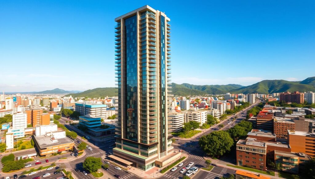 A bustling urban cityscape of Maringá, Brazil, showcasing the importance of real estate. In the foreground, a modern high-rise apartment building stands tall, its sleek glass and steel facade reflecting the bright sunlight. The middle ground features a well-developed commercial district, with busy streets lined with shops, offices, and residential complexes. In the background, lush green hills and a clear blue sky create a picturesque backdrop, highlighting the city's ideal location. The scene conveys a sense of growth, prosperity, and the value of strategic real estate investments in this thriving metropolis. Captured with a wide-angle lens to provide a comprehensive view, the image is illuminated by warm, natural lighting that enhances the vibrant colors and clean lines of the architecture. A bustling urban cityscape of Maringá, Brazil, showcasing the importance of real estate. In the foreground, a modern high-rise apartment building stands tall, its sleek glass and steel facade reflecting the bright sunlight. The middle ground features a well-developed commercial district, with busy streets lined with shops, offices, and residential complexes. In the background, lush green hills and a clear blue sky create a picturesque backdrop, highlighting the city's ideal location. The scene conveys a sense of growth, prosperity, and the value of strategic real estate investments in this thriving metropolis. Captured with a wide-angle lens to provide a comprehensive view, the image is illuminated by warm, natural lighting that enhances the vibrant colors and clean lines of the architecture.