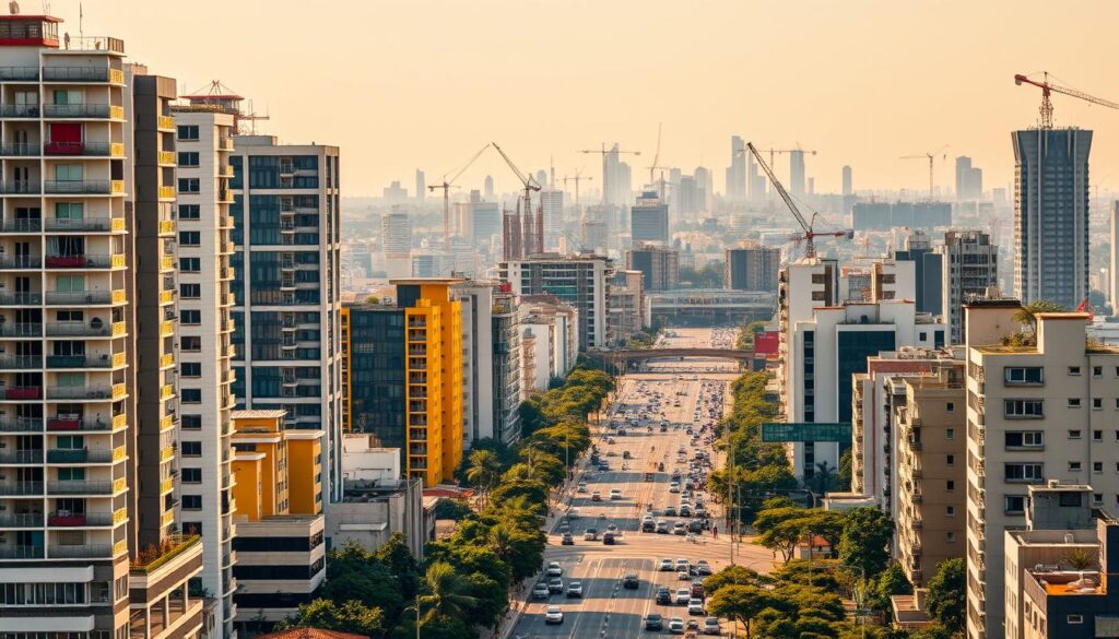 A bustling urban landscape capturing the dynamic Brazilian real estate market. In the foreground, a diverse array of modern high-rise apartments and residential buildings, with clean lines and vibrant colors. In the middle ground, busy streets teeming with pedestrians and vehicles, reflecting the energy and activity of a thriving metropolitan area. The background features a hazy skyline, with distant skyscrapers and towering cranes, symbolizing the ongoing development and expansion of the real estate sector. The scene is bathed in warm, golden light, creating a sense of warmth and prosperity. The overall composition conveys the multifaceted nature of the Brazilian real estate market, with its range of housing options and the vibrant, ever-changing urban environment that encompasses it. A bustling urban landscape capturing the dynamic Brazilian real estate market. In the foreground, a diverse array of modern high-rise apartments and residential buildings, with clean lines and vibrant colors. In the middle ground, busy streets teeming with pedestrians and vehicles, reflecting the energy and activity of a thriving metropolitan area. The background features a hazy skyline, with distant skyscrapers and towering cranes, symbolizing the ongoing development and expansion of the real estate sector. The scene is bathed in warm, golden light, creating a sense of warmth and prosperity. The overall composition conveys the multifaceted nature of the Brazilian real estate market, with its range of housing options and the vibrant, ever-changing urban environment that encompasses it.