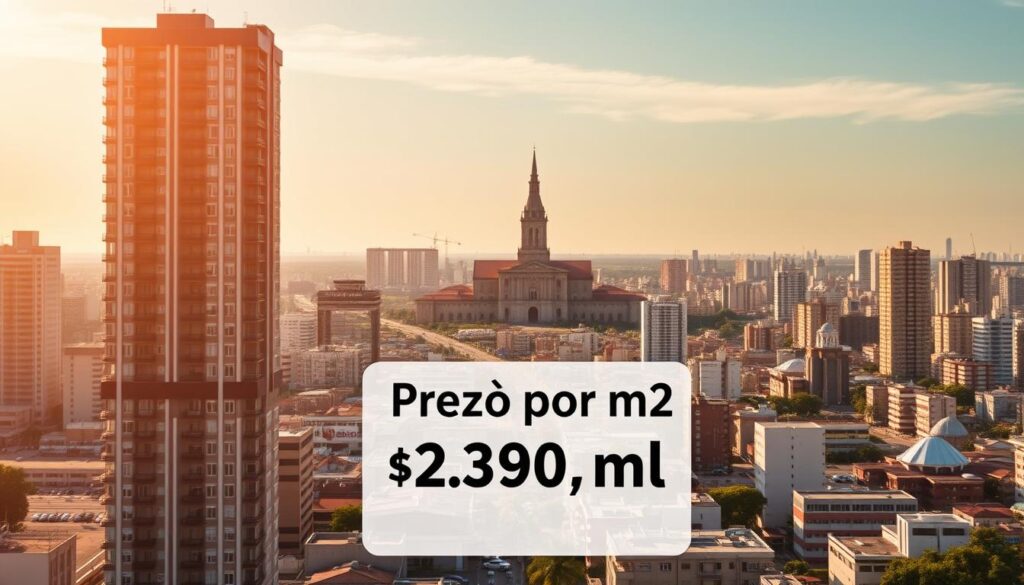 A cityscape of Maringá, Brazil, with a focus on real estate market data. In the foreground, a modern high-rise apartment building stands tall, showcasing the architectural style prevalent in the city. In the middle ground, a grid of buildings and streets represents the urban landscape, with a prominent "Preço por m²" sign highlighting the price per square meter information. The background features the iconic Maringá Cathedral, a landmark that adds to the sense of place. The scene is bathed in warm, golden light, creating a welcoming and vibrant atmosphere. The overall composition conveys a sense of progress, investment, and the thriving real estate market in Maringá. A cityscape of Maringá, Brazil, with a focus on real estate market data. In the foreground, a modern high-rise apartment building stands tall, showcasing the architectural style prevalent in the city. In the middle ground, a grid of buildings and streets represents the urban landscape, with a prominent "Preço por m²" sign highlighting the price per square meter information. The background features the iconic Maringá Cathedral, a landmark that adds to the sense of place. The scene is bathed in warm, golden light, creating a welcoming and vibrant atmosphere. The overall composition conveys a sense of progress, investment, and the thriving real estate market in Maringá.