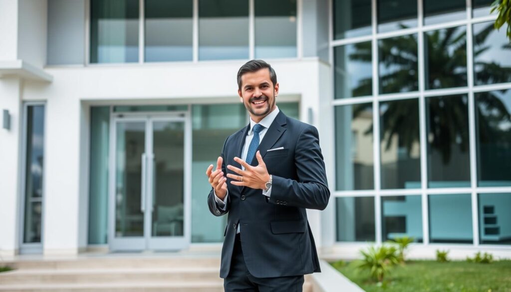 A confident real estate agent standing in front of a modern office in Maringá, Brazil. Wearing a sharp suit, they exude professionalism and expertise. The office building is sleek and contemporary, with large windows and a minimalist design. The agent is gesturing with their hands, engaged in a conversation, ready to assist potential clients. The scene conveys a sense of trustworthiness and competence, reflecting the importance of working with a skilled real estate professional in Maringá. A confident real estate agent standing in front of a modern office in Maringá, Brazil. Wearing a sharp suit, they exude professionalism and expertise. The office building is sleek and contemporary, with large windows and a minimalist design. The agent is gesturing with their hands, engaged in a conversation, ready to assist potential clients. The scene conveys a sense of trustworthiness and competence, reflecting the importance of working with a skilled real estate professional in Maringá.
