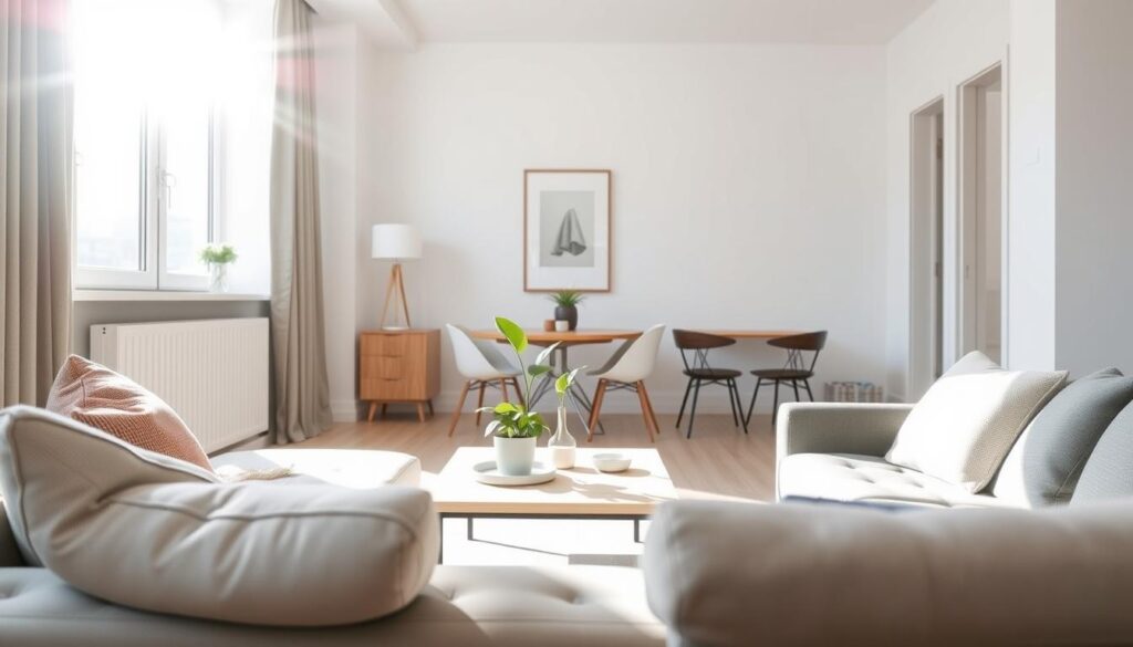 A cozy apartment interior with bright natural lighting streaming in through large windows. The foreground features modern furniture, including a comfortable couch and a coffee table with minimal decor. In the middle ground, a potted plant and a framed piece of wall art add subtle pops of color and personality. The background showcases a minimalist, Scandinavian-inspired design aesthetic, with clean lines and neutral tones creating a serene, inviting atmosphere. The overall scene conveys the advantages of renting a home - the flexibility, the lack of maintenance responsibilities, and the opportunity to curate a space that reflects your personal style. A cozy apartment interior with bright natural lighting streaming in through large windows. The foreground features modern furniture, including a comfortable couch and a coffee table with minimal decor. In the middle ground, a potted plant and a framed piece of wall art add subtle pops of color and personality. The background showcases a minimalist, Scandinavian-inspired design aesthetic, with clean lines and neutral tones creating a serene, inviting atmosphere. The overall scene conveys the advantages of renting a home - the flexibility, the lack of maintenance responsibilities, and the opportunity to curate a space that reflects your personal style.