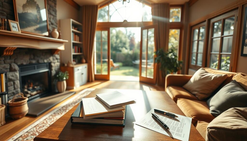A cozy living room with a fireplace, bookshelves, and large windows overlooking a lush garden. On the coffee table, a stack of paperwork and a pen, suggesting the process of real estate exchange. Warm, earthy tones throughout, creating a sense of comfort and collaboration. Sunlight streams in, illuminating the space and highlighting the details of the room. An inviting and professional atmosphere, reflecting the practical yet personalized nature of a real estate swap. A cozy living room with a fireplace, bookshelves, and large windows overlooking a lush garden. On the coffee table, a stack of paperwork and a pen, suggesting the process of real estate exchange. Warm, earthy tones throughout, creating a sense of comfort and collaboration. Sunlight streams in, illuminating the space and highlighting the details of the room. An inviting and professional atmosphere, reflecting the practical yet personalized nature of a real estate swap.