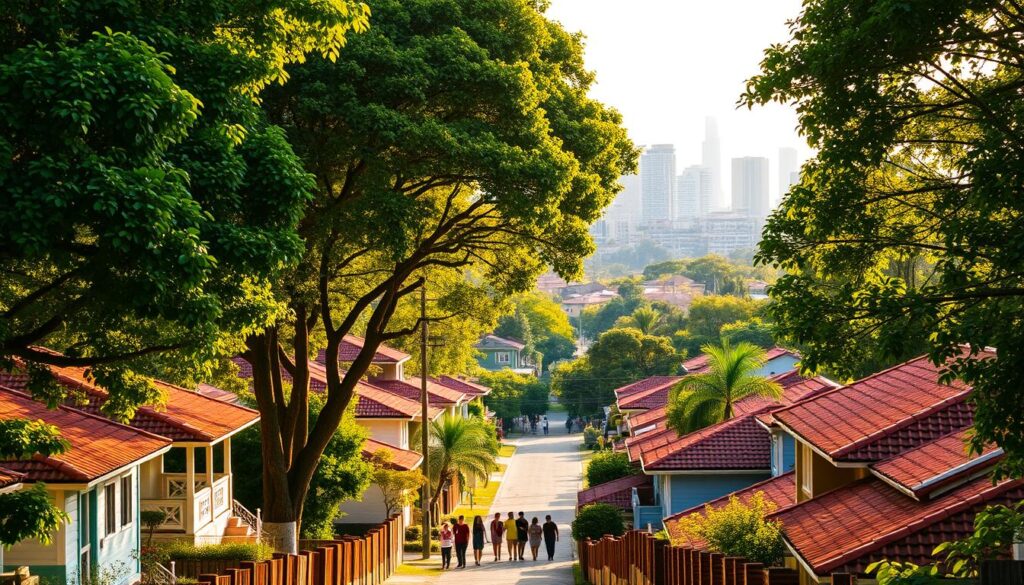 A cozy residential neighborhood in Maringá, with lush greenery and charming, well-kept homes lining the streets. Sunlight filters through the trees, casting warm, golden hues across the scene. Neat rows of two-story houses with red-tiled roofs and colorful facades create a picturesque, quintessentially Brazilian atmosphere. In the middle ground, people stroll along the sidewalks, adding a sense of vibrant community. The background features the distinctive skyline of Maringá's city center, its high-rise buildings and modern architecture providing a subtle contrast to the tranquil, neighborhood setting. The overall mood is one of quiet contentment and a welcoming, small-town charm. A cozy residential neighborhood in Maringá, with lush greenery and charming, well-kept homes lining the streets. Sunlight filters through the trees, casting warm, golden hues across the scene. Neat rows of two-story houses with red-tiled roofs and colorful facades create a picturesque, quintessentially Brazilian atmosphere. In the middle ground, people stroll along the sidewalks, adding a sense of vibrant community. The background features the distinctive skyline of Maringá's city center, its high-rise buildings and modern architecture providing a subtle contrast to the tranquil, neighborhood setting. The overall mood is one of quiet contentment and a welcoming, small-town charm.