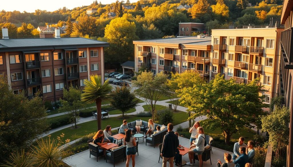 A cozy university dormitory complex, with modern apartment-style buildings set against a backdrop of lush greenery. In the foreground, students gather around a shared outdoor lounge area, engaged in lively discussion. The middle ground features a mix of studio, one-bedroom, and shared-room options, each with well-appointed interiors and ample natural light. The background showcases the campus library, lecture halls, and other academic facilities, creating a harmonious blend of student living and academic life. The scene is bathed in warm, golden light, reflecting the vibrant, collegiate atmosphere. A sense of community and comfort permeates the image, inviting the viewer to imagine the possibilities of student housing at the university. A cozy university dormitory complex, with modern apartment-style buildings set against a backdrop of lush greenery. In the foreground, students gather around a shared outdoor lounge area, engaged in lively discussion. The middle ground features a mix of studio, one-bedroom, and shared-room options, each with well-appointed interiors and ample natural light. The background showcases the campus library, lecture halls, and other academic facilities, creating a harmonious blend of student living and academic life. The scene is bathed in warm, golden light, reflecting the vibrant, collegiate atmosphere. A sense of community and comfort permeates the image, inviting the viewer to imagine the possibilities of student housing at the university.