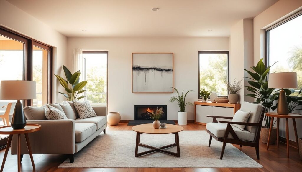A cozy, well-appointed living room in a modern Maringá house, bathed in warm, natural light filtering through large windows. The room features a plush, inviting sofa in a neutral color palette, complemented by a stylish coffee table and a minimalist, mid-century inspired armchair. Tasteful wall decor, such as a large piece of abstract art, adds a touch of sophistication. Potted plants and a wooden side table with a lamp create a sense of balance and harmony. The overall atmosphere is one of relaxation and comfort, conveying the appeal of living in a Maringá home. A cozy, well-appointed living room in a modern Maringá house, bathed in warm, natural light filtering through large windows. The room features a plush, inviting sofa in a neutral color palette, complemented by a stylish coffee table and a minimalist, mid-century inspired armchair. Tasteful wall decor, such as a large piece of abstract art, adds a touch of sophistication. Potted plants and a wooden side table with a lamp create a sense of balance and harmony. The overall atmosphere is one of relaxation and comfort, conveying the appeal of living in a Maringá home.