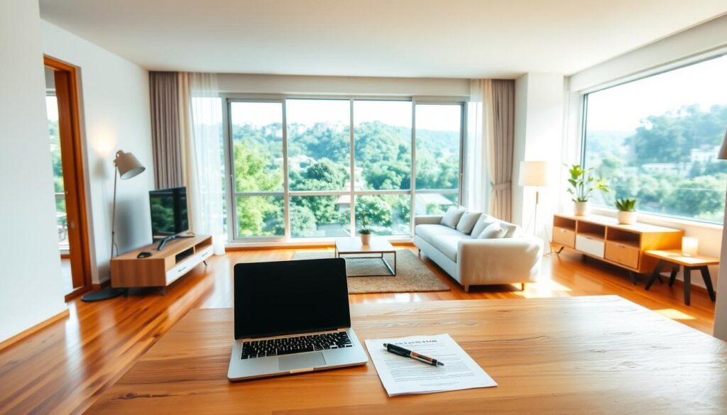 A cozy, well-lit apartment interior in Maringá, Brazil. A modern living room with large windows overlooking a lush urban landscape. Warm wooden floors, clean white walls, and minimalist furniture create a welcoming, relaxed ambiance. Soft indirect lighting from floor lamps and overhead fixtures gently illuminates the scene. In the foreground, a laptop, some documents, and a pen lie on a simple wooden table, hinting at the rental process. The overall mood is one of tranquility and professionalism, reflecting the "Entenda o processo de locação em Maringá: do cadastro à assinatura" section of the article. A cozy, well-lit apartment interior in Maringá, Brazil. A modern living room with large windows overlooking a lush urban landscape. Warm wooden floors, clean white walls, and minimalist furniture create a welcoming, relaxed ambiance. Soft indirect lighting from floor lamps and overhead fixtures gently illuminates the scene. In the foreground, a laptop, some documents, and a pen lie on a simple wooden table, hinting at the rental process. The overall mood is one of tranquility and professionalism, reflecting the "Entenda o processo de locação em Maringá: do cadastro à assinatura" section of the article.