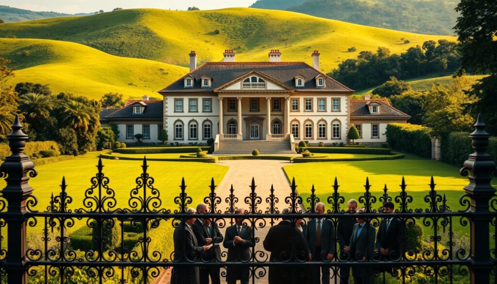 A grand, stately manor house set against a backdrop of lush green rolling hills. The foreground features a well-manicured garden with ornate wrought-iron fencing, symbolic of the legal boundaries and requirements of the usucapião process. The middle ground showcases a group of diverse individuals, perhaps lawyers or government officials, engaged in deep discussion, representing the formal proceedings. Warm afternoon sunlight bathes the scene, creating a sense of timelessness and the gradual passage of time required for a successful usucapião claim. The overall composition conveys the gravity and significance of the usucapião process, a visual representation of the "fundamental requirements for the usucapión of real estate" as described in the article. A grand, stately manor house set against a backdrop of lush green rolling hills. The foreground features a well-manicured garden with ornate wrought-iron fencing, symbolic of the legal boundaries and requirements of the usucapião process. The middle ground showcases a group of diverse individuals, perhaps lawyers or government officials, engaged in deep discussion, representing the formal proceedings. Warm afternoon sunlight bathes the scene, creating a sense of timelessness and the gradual passage of time required for a successful usucapião claim. The overall composition conveys the gravity and significance of the usucapião process, a visual representation of the "fundamental requirements for the usucapión of real estate" as described in the article.