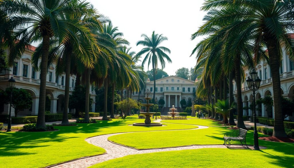 A lush, meticulously manicured garden flanked by stately, neo-classical mansions. Towering palm trees casting long shadows across the ornate fountains and winding cobblestone paths. Wrought-iron benches and ornamental lampposts lending an air of refined elegance. Soft, diffused lighting filters through the canopy, creating a warm, inviting atmosphere. In the distance, the grand, imposing facades of the Jardim Real and Jardim Imperial residences stand as a testament to the exclusive, luxurious lifestyle within. This oasis of tranquility and sophistication, nestled in the heart of Maringá, exudes an air of timeless grandeur. A lush, meticulously manicured garden flanked by stately, neo-classical mansions. Towering palm trees casting long shadows across the ornate fountains and winding cobblestone paths. Wrought-iron benches and ornamental lampposts lending an air of refined elegance. Soft, diffused lighting filters through the canopy, creating a warm, inviting atmosphere. In the distance, the grand, imposing facades of the Jardim Real and Jardim Imperial residences stand as a testament to the exclusive, luxurious lifestyle within. This oasis of tranquility and sophistication, nestled in the heart of Maringá, exudes an air of timeless grandeur.