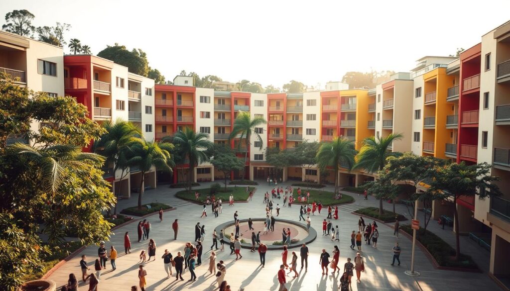 A mid-century modern residential complex with clean, geometric architecture and vibrant colors. The buildings have a mix of pastel and earthy tones, with bold accents of red, yellow, and blue. Trees and lush greenery surround the complex, creating a sense of tranquility. The scene is bathed in warm, diffused sunlight, casting long shadows and creating a soft, inviting atmosphere. In the foreground, people are gathered around a central plaza, engaged in various activities like walking, chatting, and playing. The overall composition conveys a harmonious, community-focused environment, reflecting the spirit of the "Minha Casa Minha Vida" social housing program. A mid-century modern residential complex with clean, geometric architecture and vibrant colors. The buildings have a mix of pastel and earthy tones, with bold accents of red, yellow, and blue. Trees and lush greenery surround the complex, creating a sense of tranquility. The scene is bathed in warm, diffused sunlight, casting long shadows and creating a soft, inviting atmosphere. In the foreground, people are gathered around a central plaza, engaged in various activities like walking, chatting, and playing. The overall composition conveys a harmonious, community-focused environment, reflecting the spirit of the "Minha Casa Minha Vida" social housing program.