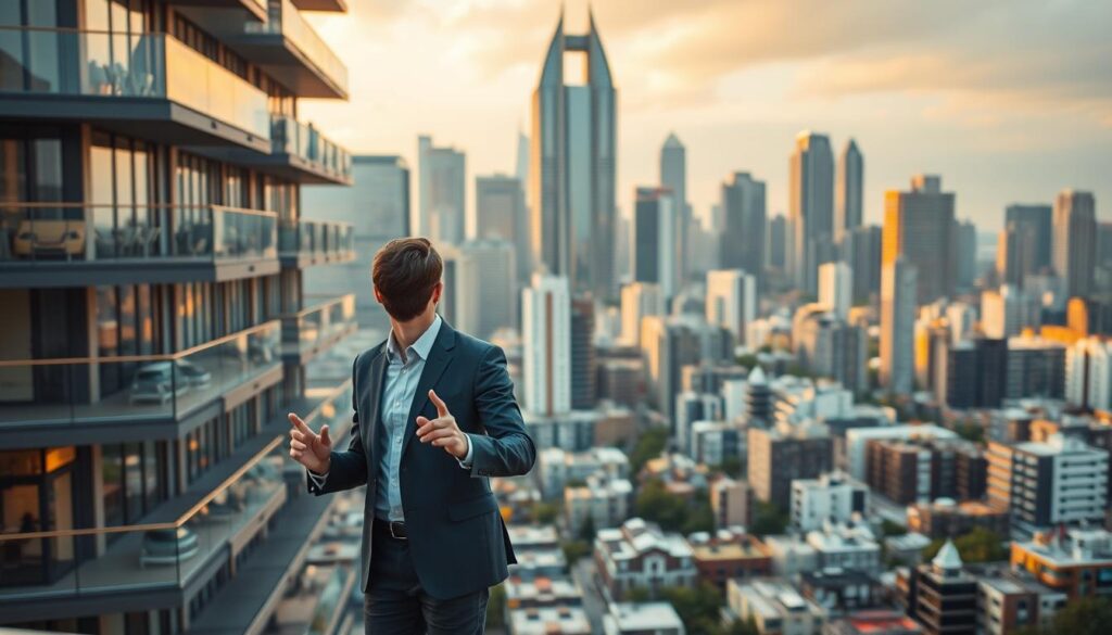 A modern apartment building in a bustling city, its facade adorned with sleek glass and steel. In the foreground, a well-dressed couple inspects the property, gesturing animatedly as they discuss the potential of a real estate exchange. The middle ground is filled with a mix of residential and commercial structures, creating a sense of urban dynamism. In the background, towering skyscrapers reach towards a sky bathed in warm, golden light, conveying an atmosphere of prosperity and opportunity. The scene is captured with a cinematic wide-angle lens, emphasizing the scale and grandeur of the real estate landscape. A modern apartment building in a bustling city, its facade adorned with sleek glass and steel. In the foreground, a well-dressed couple inspects the property, gesturing animatedly as they discuss the potential of a real estate exchange. The middle ground is filled with a mix of residential and commercial structures, creating a sense of urban dynamism. In the background, towering skyscrapers reach towards a sky bathed in warm, golden light, conveying an atmosphere of prosperity and opportunity. The scene is captured with a cinematic wide-angle lens, emphasizing the scale and grandeur of the real estate landscape.