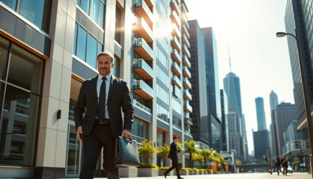 A modern apartment building with a clean, sleek facade stands in the foreground, its glass windows reflecting the bright sun overhead. In the middle ground, a businessman in a sharp suit walks briskly down the sidewalk, briefcase in hand, representing the legal and financial aspects of purchasing a property. In the background, a bustling city skyline with towering skyscrapers suggests the vibrant urban setting. The overall scene conveys a sense of professionalism, legality, and the excitement of acquiring a new home in a thriving metropolis. A modern apartment building with a clean, sleek facade stands in the foreground, its glass windows reflecting the bright sun overhead. In the middle ground, a businessman in a sharp suit walks briskly down the sidewalk, briefcase in hand, representing the legal and financial aspects of purchasing a property. In the background, a bustling city skyline with towering skyscrapers suggests the vibrant urban setting. The overall scene conveys a sense of professionalism, legality, and the excitement of acquiring a new home in a thriving metropolis.