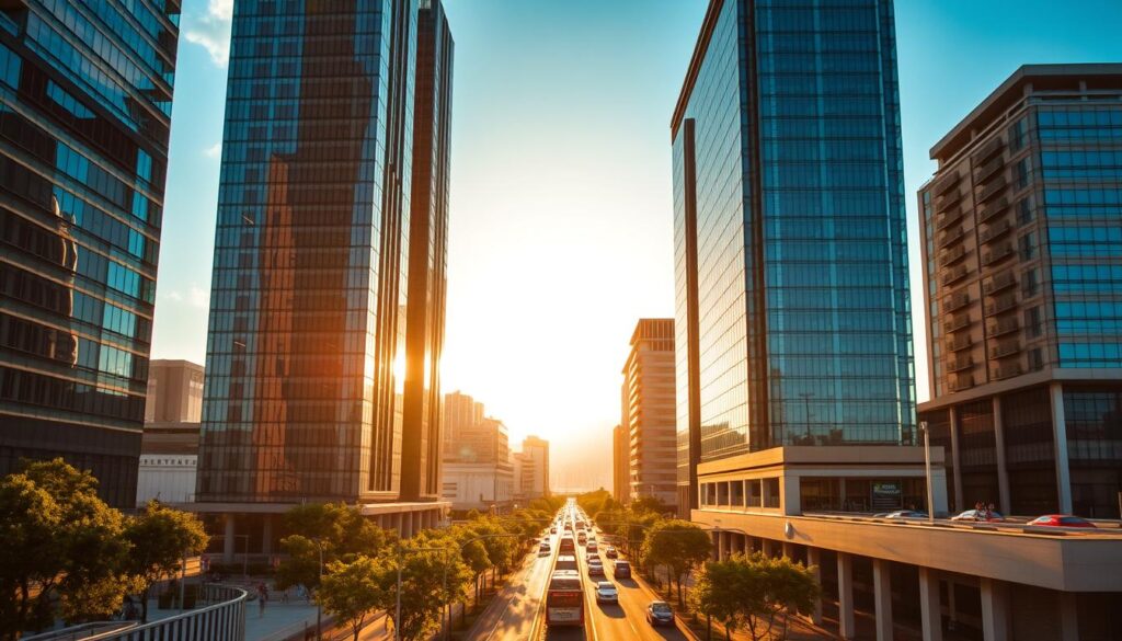 A modern, bustling urban landscape of Novo Centro, Maringá, illuminated by warm, golden sunlight filtering through towering glass skyscrapers. In the foreground, sleek high-rise buildings with clean, angular architecture stand tall, their reflective facades mirroring the vibrant activity below. The middle ground features bustling streets lined with trees, pedestrians, and efficient public transport, creating a sense of energy and modernity. In the background, the skyline is punctuated by a mix of contemporary and historic structures, blending the old and new seamlessly. The overall scene conveys a harmonious balance of progress and livability, showcasing Novo Centro as an ideal neighborhood for modern living. A modern, bustling urban landscape of Novo Centro, Maringá, illuminated by warm, golden sunlight filtering through towering glass skyscrapers. In the foreground, sleek high-rise buildings with clean, angular architecture stand tall, their reflective facades mirroring the vibrant activity below. The middle ground features bustling streets lined with trees, pedestrians, and efficient public transport, creating a sense of energy and modernity. In the background, the skyline is punctuated by a mix of contemporary and historic structures, blending the old and new seamlessly. The overall scene conveys a harmonious balance of progress and livability, showcasing Novo Centro as an ideal neighborhood for modern living.