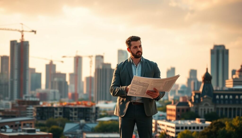 A modern cityscape with a bustling real estate market. In the foreground, a prospective homebuyer stands contemplatively, evaluating architectural plans for a new property development. In the middle ground, cranes and construction sites dot the skyline, signifying ongoing projects. The background features a mix of contemporary high-rise buildings and historic structures, reflecting the dynamic nature of the local real estate landscape. The lighting is a warm, golden hue, conveying a sense of thoughtfulness and decision-making. The overall mood is one of thoughtful consideration, as the homebuyer weighs the options of a completed property versus one still in development, against the backdrop of the ever-evolving urban environment. A modern cityscape with a bustling real estate market. In the foreground, a prospective homebuyer stands contemplatively, evaluating architectural plans for a new property development. In the middle ground, cranes and construction sites dot the skyline, signifying ongoing projects. The background features a mix of contemporary high-rise buildings and historic structures, reflecting the dynamic nature of the local real estate landscape. The lighting is a warm, golden hue, conveying a sense of thoughtfulness and decision-making. The overall mood is one of thoughtful consideration, as the homebuyer weighs the options of a completed property versus one still in development, against the backdrop of the ever-evolving urban environment.