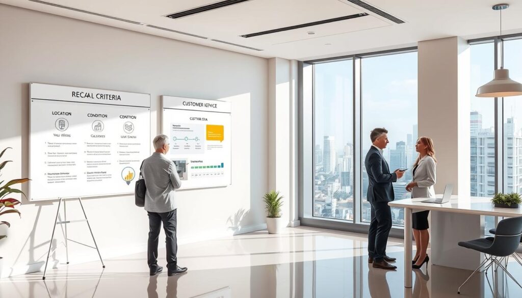 A modern, elegant real estate office showcasing the key criteria for successful property transactions. A well-lit interior with a clean, minimalist design. Display boards highlight the essential factors: location, pricing, condition, legal considerations, and customer service. Sales agents consult with clients, discussing options and guiding them through the process. A large window offers a view of the vibrant Maringá cityscape, symbolizing the local expertise. The scene conveys professionalism, transparency, and a commitment to helping clients achieve their real estate goals. A modern, elegant real estate office showcasing the key criteria for successful property transactions. A well-lit interior with a clean, minimalist design. Display boards highlight the essential factors: location, pricing, condition, legal considerations, and customer service. Sales agents consult with clients, discussing options and guiding them through the process. A large window offers a view of the vibrant Maringá cityscape, symbolizing the local expertise. The scene conveys professionalism, transparency, and a commitment to helping clients achieve their real estate goals.