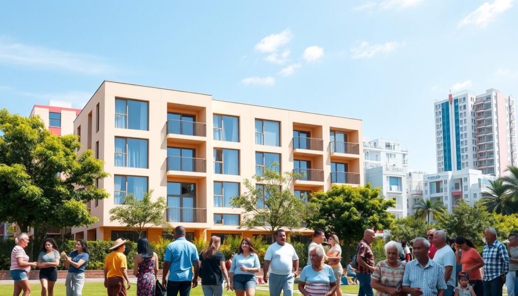 A modern low-rise apartment building set against a vibrant urban backdrop, with lush greenery and a clear blue sky. The building's facade features a clean, minimalist design with large windows and a warm, inviting color palette. In the foreground, a group of diverse people, including families, individuals, and elderly residents, are gathered, engaged in various activities like playing, socializing, or simply relaxing. The scene conveys a sense of community, comfort, and accessibility, reflecting the core values of the "Programa Minha Casa Minha Vida" initiative. O Programa Minha Casa Minha Vida foi criado para combater a falta de moradias no Brasil.
