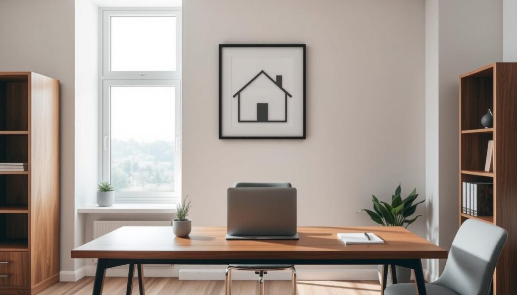 A modern, minimal interior scene of a cozy home office. In the foreground, a wooden desk with a laptop, a pen, and a small potted plant. Above the desk, a framed artwork depicting a simplified house silhouette. The middle ground features a large window overlooking a tranquil suburban landscape, with soft natural light filtering in. The background shows neutral-toned walls and subtle shelving units on either side, creating a clean, uncluttered atmosphere. The overall mood is serene and contemplative, evoking a sense of focused evaluation and careful consideration of a property's value. A modern, minimal interior scene of a cozy home office. In the foreground, a wooden desk with a laptop, a pen, and a small potted plant. Above the desk, a framed artwork depicting a simplified house silhouette. The middle ground features a large window overlooking a tranquil suburban landscape, with soft natural light filtering in. The background shows neutral-toned walls and subtle shelving units on either side, creating a clean, uncluttered atmosphere. The overall mood is serene and contemplative, evoking a sense of focused evaluation and careful consideration of a property's value.