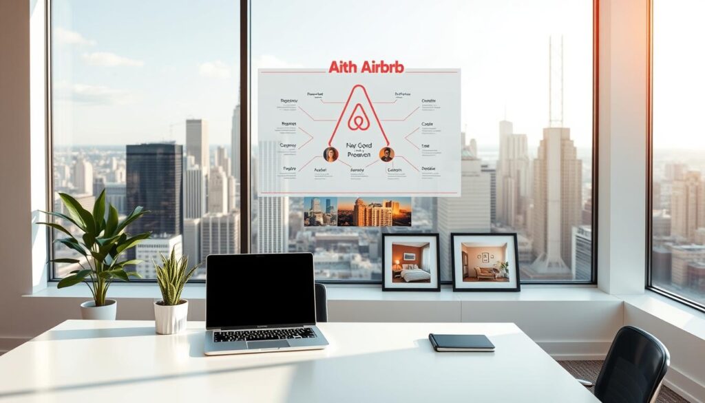 A modern, sleek office interior with a large window overlooking a bustling city skyline. The foreground features a clean, minimalist desk with a laptop, notepad, and a potted plant. On the wall behind the desk, a stylized diagram illustrates the Airbnb business model, with colorful icons and infographic elements. The middle ground showcases several framed photographs depicting cozy Airbnb rental properties. The background is bathed in warm, natural lighting, creating a professional and inviting atmosphere. A modern, sleek office interior with a large window overlooking a bustling city skyline. The foreground features a clean, minimalist desk with a laptop, notepad, and a potted plant. On the wall behind the desk, a stylized diagram illustrates the Airbnb business model, with colorful icons and infographic elements. The middle ground showcases several framed photographs depicting cozy Airbnb rental properties. The background is bathed in warm, natural lighting, creating a professional and inviting atmosphere.
