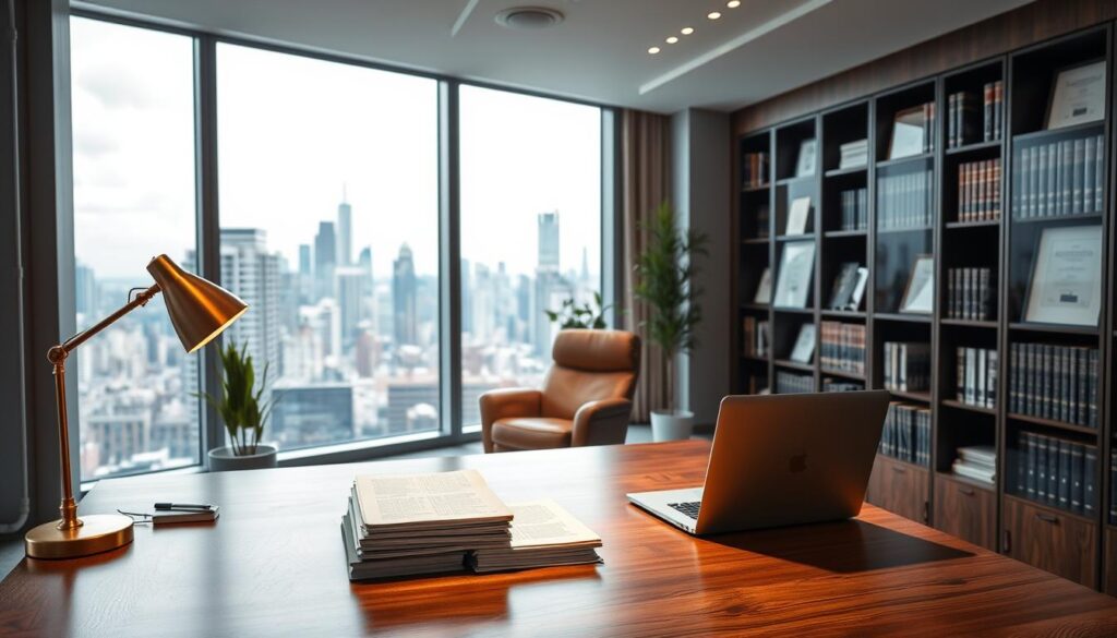 A modern, sleek office interior with large windows overlooking a bustling city skyline. In the foreground, a wooden desk with neatly stacked legal documents, a laptop, and a brass desk lamp casting a warm glow. Behind the desk, bookshelves line the walls, filled with law volumes and framed certificates. The middle ground features a comfortable leather armchair and a potted plant, creating a professional yet inviting atmosphere. The background showcases the cityscape, with skyscrapers and a vibrant urban landscape visible through the windows. Soft, directional lighting illuminates the scene, highlighting the elegant and sophisticated ambiance of a law office specializing in real estate legislation. A modern, sleek office interior with large windows overlooking a bustling city skyline. In the foreground, a wooden desk with neatly stacked legal documents, a laptop, and a brass desk lamp casting a warm glow. Behind the desk, bookshelves line the walls, filled with law volumes and framed certificates. The middle ground features a comfortable leather armchair and a potted plant, creating a professional yet inviting atmosphere. The background showcases the cityscape, with skyscrapers and a vibrant urban landscape visible through the windows. Soft, directional lighting illuminates the scene, highlighting the elegant and sophisticated ambiance of a law office specializing in real estate legislation.