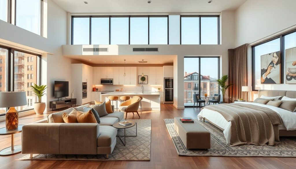 A modern, well-appointed apartment with an open floor plan and large windows that flood the space with natural light. The living room features plush, minimalist furnishings in neutral tones, complemented by sleek, contemporary decor. The kitchen showcases clean, white cabinetry, stainless steel appliances, and a large central island. Soft, diffused lighting creates a warm, inviting ambiance throughout. The bedroom boasts a cozy, comfortable bed and tasteful accents, exuding a sense of relaxation and tranquility. The overall impression is one of a thoughtfully designed, move-in ready home, ready to be enjoyed by its new residents. A modern, well-appointed apartment with an open floor plan and large windows that flood the space with natural light. The living room features plush, minimalist furnishings in neutral tones, complemented by sleek, contemporary decor. The kitchen showcases clean, white cabinetry, stainless steel appliances, and a large central island. Soft, diffused lighting creates a warm, inviting ambiance throughout. The bedroom boasts a cozy, comfortable bed and tasteful accents, exuding a sense of relaxation and tranquility. The overall impression is one of a thoughtfully designed, move-in ready home, ready to be enjoyed by its new residents.