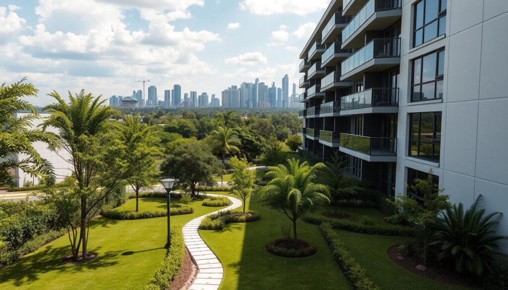 A modern, well-lit apartment complex with a sleek, contemporary design, situated in the vibrant city of Maringá. The building's facade features clean lines, large windows, and a harmonious blend of materials such as glass, steel, and concrete. In the foreground, a lush, meticulously landscaped garden provides a serene and inviting atmosphere, with carefully placed trees, shrubs, and a meandering path. The middle ground showcases the apartment building, its balconies and terraces offering panoramic views of the surrounding cityscape. In the background, the skyline of Maringá rises, a mix of high-rises and verdant parks, creating a dynamic and modern urban landscape. The overall scene conveys a sense of quality, livability, and the ideal balance between contemporary design and a comfortable, nature-inspired living environment. A modern, well-lit apartment complex with a sleek, contemporary design, situated in the vibrant city of Maringá. The building's facade features clean lines, large windows, and a harmonious blend of materials such as glass, steel, and concrete. In the foreground, a lush, meticulously landscaped garden provides a serene and inviting atmosphere, with carefully placed trees, shrubs, and a meandering path. The middle ground showcases the apartment building, its balconies and terraces offering panoramic views of the surrounding cityscape. In the background, the skyline of Maringá rises, a mix of high-rises and verdant parks, creating a dynamic and modern urban landscape. The overall scene conveys a sense of quality, livability, and the ideal balance between contemporary design and a comfortable, nature-inspired living environment.