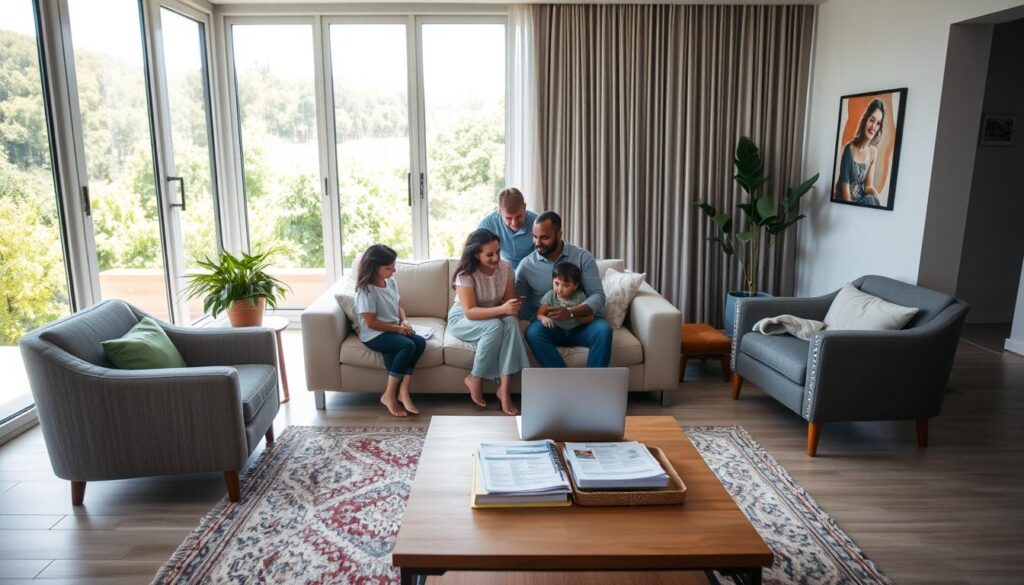 A modern, well-lit interior with a focus on a vibrant living room. In the foreground, a family gathers around a coffee table, discussing financial documents and a laptop, indicating the process of applying for a "Minha Casa Minha Vida" home loan. The middle ground features a neatly arranged sofa, armchair, and rug, creating a cozy and inviting atmosphere. The background showcases a large window overlooking a lush, green landscape, bathing the room in natural light. The overall scene conveys a sense of comfort, security, and the excitement of embarking on the journey of homeownership. A modern, well-lit interior with a focus on a vibrant living room. In the foreground, a family gathers around a coffee table, discussing financial documents and a laptop, indicating the process of applying for a "Minha Casa Minha Vida" home loan. The middle ground features a neatly arranged sofa, armchair, and rug, creating a cozy and inviting atmosphere. The background showcases a large window overlooking a lush, green landscape, bathing the room in natural light. The overall scene conveys a sense of comfort, security, and the excitement of embarking on the journey of homeownership.