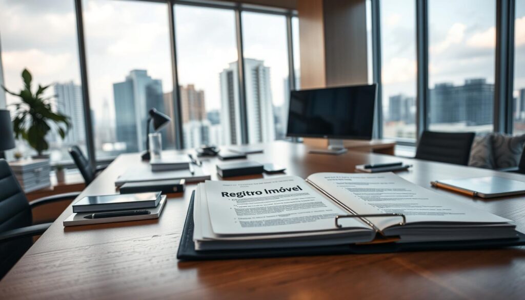 A modern, well-lit office interior with a large wooden desk, a computer monitor, and various office supplies. In the background, a large window overlooking a cityscape with high-rise buildings. On the desk, there is a open file folder labeled "Registro Imóvel" containing legal documents and forms. The lighting is soft and warm, creating a professional yet inviting atmosphere. The camera angle is slightly above eye level, capturing the desk and its contents in a clean, organized composition. A modern, well-lit office interior with a large wooden desk, a computer monitor, and various office supplies. In the background, a large window overlooking a cityscape with high-rise buildings. On the desk, there is a open file folder labeled "Registro Imóvel" containing legal documents and forms. The lighting is soft and warm, creating a professional yet inviting atmosphere. The camera angle is slightly above eye level, capturing the desk and its contents in a clean, organized composition.