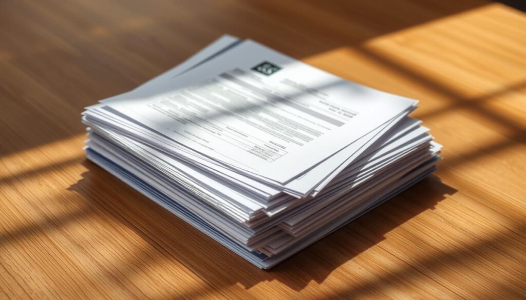 A neatly organized stack of various official documents, including rental agreement forms, identification cards, and utility bills, resting on a wooden table. The lighting is soft and natural, casting gentle shadows that add depth and dimension to the scene. The documents are crisp and legible, conveying a sense of professionalism and attention to detail. The overall atmosphere is one of order, organization, and the importance of the rental process. The image should effectively illustrate the "Documentos obrigatórios para alugar: lista completa e como enviar" section of the article. A neatly organized stack of various official documents, including rental agreement forms, identification cards, and utility bills, resting on a wooden table. The lighting is soft and natural, casting gentle shadows that add depth and dimension to the scene. The documents are crisp and legible, conveying a sense of professionalism and attention to detail. The overall atmosphere is one of order, organization, and the importance of the rental process. The image should effectively illustrate the "Documentos obrigatórios para alugar: lista completa e como enviar" section of the article.