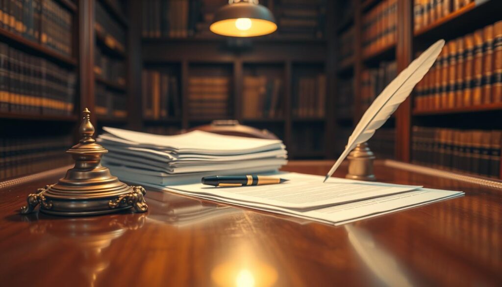 A notary public's desk, meticulously arranged with a quill pen, a stack of official documents, and a brass inkwell under a warm, gentle spotlight. The surface is made of polished wood, reflecting the ornate bronze hardware. The background is a softly blurred library, with rows of leather-bound volumes lining the shelves, creating a sense of tradition and gravitas. The overall atmosphere is one of solemn importance, conveying the weight and significance of the legal transaction captured in the writing. A notary public's desk, meticulously arranged with a quill pen, a stack of official documents, and a brass inkwell under a warm, gentle spotlight. The surface is made of polished wood, reflecting the ornate bronze hardware. The background is a softly blurred library, with rows of leather-bound volumes lining the shelves, creating a sense of tradition and gravitas. The overall atmosphere is one of solemn importance, conveying the weight and significance of the legal transaction captured in the writing.