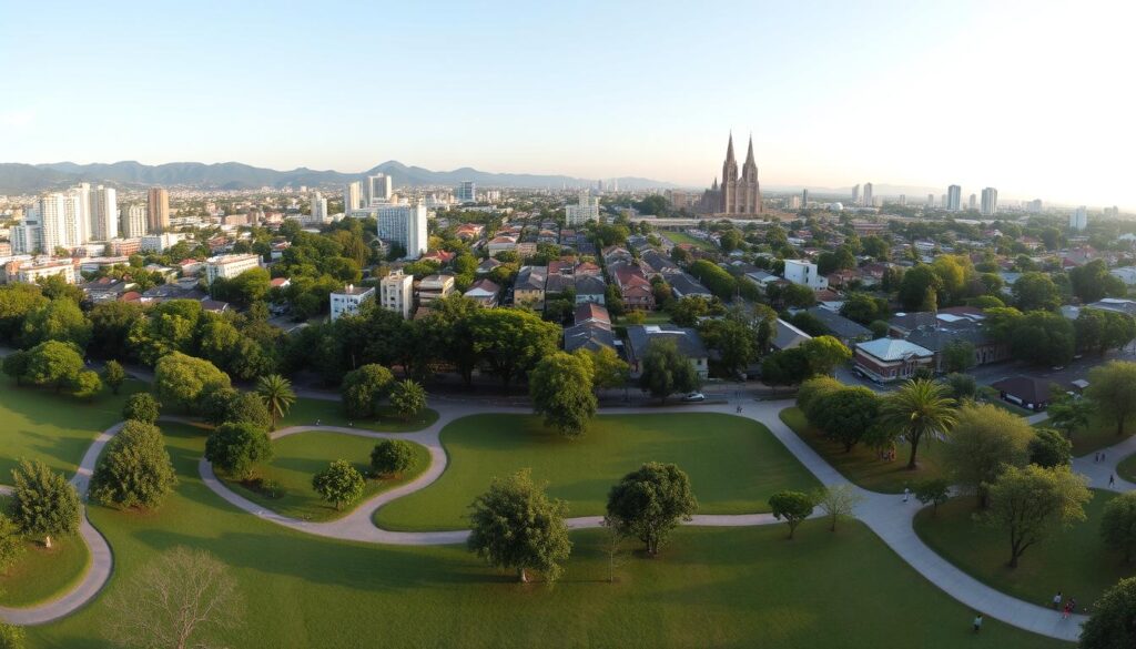 A panoramic view of Maringá, a meticulously planned city in southern Brazil. In the foreground, a well-manicured public park with lush greenery, winding paths, and people leisurely strolling. The middle ground features a mixture of modern high-rise buildings and quaint, tree-lined residential neighborhoods, all arranged in a harmonious grid layout. In the background, the skyline is dominated by the towering spires of the city's iconic cathedral, bathed in the warm glow of the setting sun. The scene conveys a sense of balance, tranquility, and intentional urban design, reflecting Maringá's reputation as a model of livable, well-planned development. A panoramic view of Maringá, a meticulously planned city in southern Brazil. In the foreground, a well-manicured public park with lush greenery, winding paths, and people leisurely strolling. The middle ground features a mixture of modern high-rise buildings and quaint, tree-lined residential neighborhoods, all arranged in a harmonious grid layout. In the background, the skyline is dominated by the towering spires of the city's iconic cathedral, bathed in the warm glow of the setting sun. The scene conveys a sense of balance, tranquility, and intentional urban design, reflecting Maringá's reputation as a model of livable, well-planned development.