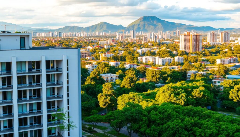 A picturesque cityscape of Maringá, Brazil, bathed in warm golden light. The foreground showcases a modern, well-designed residential building with clean lines and a sleek facade. The middle ground features lush, verdant trees and landscaping, creating a serene, natural ambiance. In the background, the skyline is dotted with a mix of high-rise buildings and low-rise structures, conveying the city's thriving real estate market. The scene exudes a sense of investment opportunity, urban development, and the ideal lifestyle that Maringá offers for prospective property investors. A picturesque cityscape of Maringá, Brazil, bathed in warm golden light. The foreground showcases a modern, well-designed residential building with clean lines and a sleek facade. The middle ground features lush, verdant trees and landscaping, creating a serene, natural ambiance. In the background, the skyline is dotted with a mix of high-rise buildings and low-rise structures, conveying the city's thriving real estate market. The scene exudes a sense of investment opportunity, urban development, and the ideal lifestyle that Maringá offers for prospective property investors.