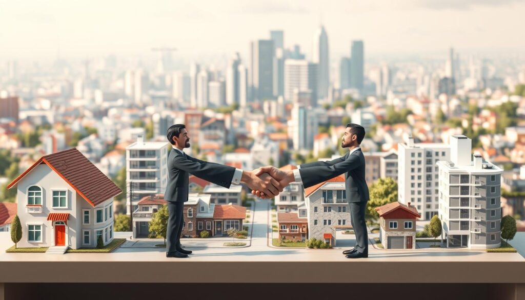 A professional, high-quality rendering of various real estate exchange scenarios, captured in a detailed, architectural illustration style. The foreground depicts different types of property swap arrangements, such as a house-for-apartment, a commercial-for-residential, and a rural-for-urban exchange, with people shaking hands to signify the transaction. The middle ground showcases a variety of buildings, including apartments, houses, and commercial structures, in a harmonious urban landscape. The background features a softly blurred cityscape, with skyscrapers and infrastructure elements providing context. The lighting is natural, with soft shadows and highlights accentuating the 3D forms. The overall mood is professional, informative, and visually engaging, suitable for an article on real estate swapping. A professional, high-quality rendering of various real estate exchange scenarios, captured in a detailed, architectural illustration style. The foreground depicts different types of property swap arrangements, such as a house-for-apartment, a commercial-for-residential, and a rural-for-urban exchange, with people shaking hands to signify the transaction. The middle ground showcases a variety of buildings, including apartments, houses, and commercial structures, in a harmonious urban landscape. The background features a softly blurred cityscape, with skyscrapers and infrastructure elements providing context. The lighting is natural, with soft shadows and highlights accentuating the 3D forms. The overall mood is professional, informative, and visually engaging, suitable for an article on real estate swapping.