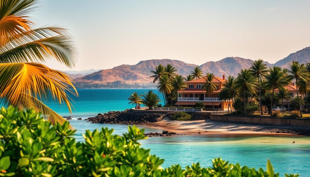 A serene coastal landscape of Porto Rico, with sun-drenched beaches, swaying palm trees, and crystal-clear turquoise waters. In the foreground, a lush tropical foliage frames the scene, while in the middle ground, a traditional Puerto Rican architecture with vibrant colors and terracotta roofs stands proudly. The background features a hazy mountainous horizon, bathed in warm golden light, conveying a sense of tranquility and natural beauty. The image is captured through a wide-angle lens, creating a panoramic and immersive composition that invites the viewer to feel the gentle Caribbean breeze and experience the welcoming atmosphere of this iconic destination. A serene coastal landscape of Porto Rico, with sun-drenched beaches, swaying palm trees, and crystal-clear turquoise waters. In the foreground, a lush tropical foliage frames the scene, while in the middle ground, a traditional Puerto Rican architecture with vibrant colors and terracotta roofs stands proudly. The background features a hazy mountainous horizon, bathed in warm golden light, conveying a sense of tranquility and natural beauty. The image is captured through a wide-angle lens, creating a panoramic and immersive composition that invites the viewer to feel the gentle Caribbean breeze and experience the welcoming atmosphere of this iconic destination.