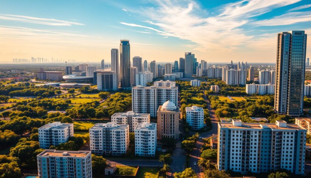 A sprawling cityscape of Maringá, Brazil, showcasing its modern architectural landscape. Tall glass-and-steel skyscrapers reach towards a vibrant blue sky, flanked by lush green parks and tree-lined avenues. In the foreground, mid-rise residential buildings and commercial properties stand in harmony, reflecting the city's thriving real estate market. The scene is bathed in warm, golden sunlight, casting long shadows and creating a sense of depth and dimensionality. The overall mood is one of prosperity, progress, and a dynamic urban environment ripe for exploration by prospective homebuyers and investors. A sprawling cityscape of Maringá, Brazil, showcasing its modern architectural landscape. Tall glass-and-steel skyscrapers reach towards a vibrant blue sky, flanked by lush green parks and tree-lined avenues. In the foreground, mid-rise residential buildings and commercial properties stand in harmony, reflecting the city's thriving real estate market. The scene is bathed in warm, golden sunlight, casting long shadows and creating a sense of depth and dimensionality. The overall mood is one of prosperity, progress, and a dynamic urban environment ripe for exploration by prospective homebuyers and investors.