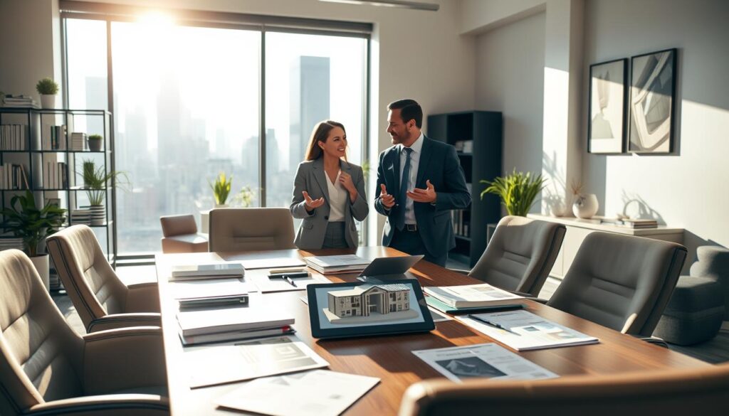 A sunlit, modern office interior with large windows overlooking a bustling city skyline. In the foreground, a stylish conference table surrounded by plush, ergonomic chairs. On the table, an array of documents, real estate listings, and a tablet displaying a 3D model of a property. In the middle ground, a well-dressed professional couple engaged in a friendly discussion, gesturing animatedly. The background features bookshelves, potted plants, and minimalist artwork, conveying a sense of sophistication and productivity. The lighting is warm and inviting, creating a comfortable, collaborative atmosphere for the real estate transaction at hand. A sunlit, modern office interior with large windows overlooking a bustling city skyline. In the foreground, a stylish conference table surrounded by plush, ergonomic chairs. On the table, an array of documents, real estate listings, and a tablet displaying a 3D model of a property. In the middle ground, a well-dressed professional couple engaged in a friendly discussion, gesturing animatedly. The background features bookshelves, potted plants, and minimalist artwork, conveying a sense of sophistication and productivity. The lighting is warm and inviting, creating a comfortable, collaborative atmosphere for the real estate transaction at hand.