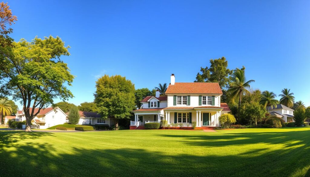A sweeping panoramic view of a residential neighborhood, with a central focus on a stately two-story house set against a backdrop of lush greenery and a clear blue sky. The house's architecture features classic elements like a red-tiled roof, white stucco walls, and large windows. The foreground showcases a well-manicured lawn, with a path leading towards the house's entrance. In the middle ground, there are several other houses, each with their own unique styles, creating a harmonious neighborhood scene. The lighting is soft and warm, suggesting a sun-drenched afternoon. The overall atmosphere conveys a sense of tranquility and the feeling of a peaceful, established community. A sweeping panoramic view of a residential neighborhood, with a central focus on a stately two-story house set against a backdrop of lush greenery and a clear blue sky. The house's architecture features classic elements like a red-tiled roof, white stucco walls, and large windows. The foreground showcases a well-manicured lawn, with a path leading towards the house's entrance. In the middle ground, there are several other houses, each with their own unique styles, creating a harmonious neighborhood scene. The lighting is soft and warm, suggesting a sun-drenched afternoon. The overall atmosphere conveys a sense of tranquility and the feeling of a peaceful, established community.