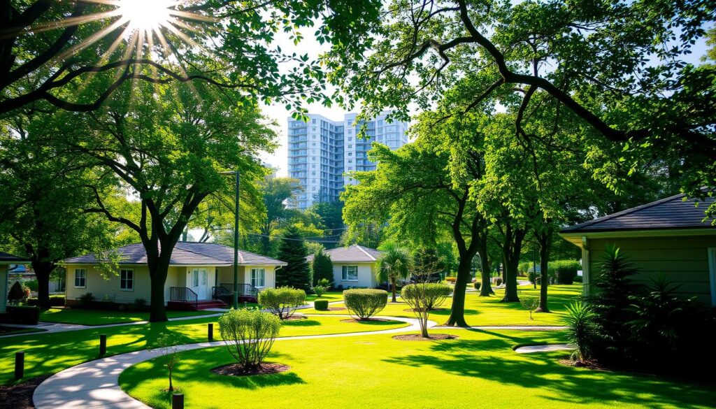 A tranquil residential neighborhood in Maringá, Zona 2 features tree-lined streets, well-manicured lawns, and neatly arranged single-story houses. Sunlight filters through the verdant canopy, casting a warm glow over the scene. In the foreground, a winding sidewalk leads past charming homes with well-tended gardens. In the middle ground, modern apartment buildings rise, blending harmoniously with the established neighborhood. The background is framed by lush foliage, hinting at the proximity to nature that defines this peaceful enclave close to the city center. A tranquil residential neighborhood in Maringá, Zona 2 features tree-lined streets, well-manicured lawns, and neatly arranged single-story houses. Sunlight filters through the verdant canopy, casting a warm glow over the scene. In the foreground, a winding sidewalk leads past charming homes with well-tended gardens. In the middle ground, modern apartment buildings rise, blending harmoniously with the established neighborhood. The background is framed by lush foliage, hinting at the proximity to nature that defines this peaceful enclave close to the city center.