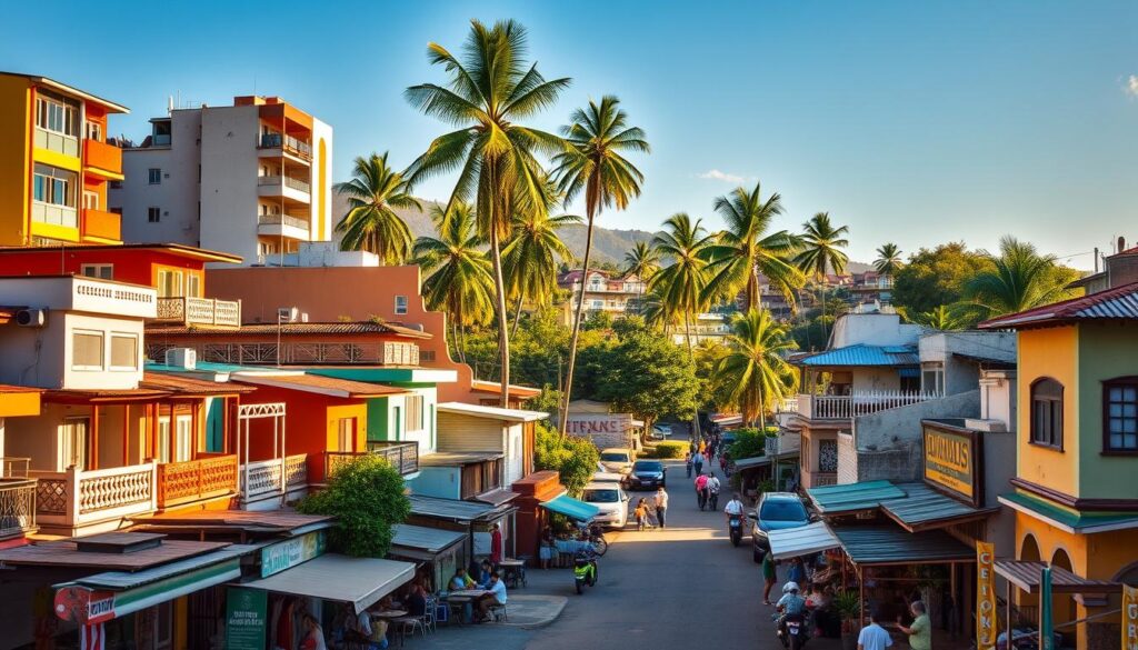 A vibrant, bustling Brazilian "bairro" (neighborhood) with a lively mix of residential and commercial buildings. The foreground features colorful, multi-story houses and apartment blocks, their facades adorned with intricate architectural details. In the middle ground, small local shops, cafes, and street vendors create a sense of community and activity. The background is dotted with towering palm trees and lush greenery, hinting at the tropical climate. Warm, golden sunlight filters through the scene, casting long shadows and creating a welcoming, inviting atmosphere. The overall composition captures the energy, diversity, and character of a thriving urban "bairro" in Brazil. A vibrant, bustling Brazilian "bairro" (neighborhood) with a lively mix of residential and commercial buildings. The foreground features colorful, multi-story houses and apartment blocks, their facades adorned with intricate architectural details. In the middle ground, small local shops, cafes, and street vendors create a sense of community and activity. The background is dotted with towering palm trees and lush greenery, hinting at the tropical climate. Warm, golden sunlight filters through the scene, casting long shadows and creating a welcoming, inviting atmosphere. The overall composition captures the energy, diversity, and character of a thriving urban "bairro" in Brazil.