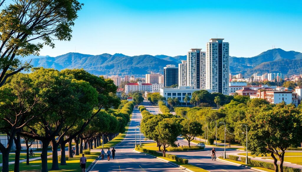 A vibrant cityscape of Maringá, Brazil, showcasing its exceptional quality of life. In the foreground, a lush, tree-lined boulevard with joggers and cyclists enjoying the pleasant weather. In the middle ground, modern high-rise buildings and well-maintained public spaces, reflecting the city's commitment to urban planning and sustainability. The background features verdant hills and a clear blue sky, hinting at the region's mild climate and natural beauty. Warm, golden lighting illuminates the scene, creating a welcoming and serene atmosphere. Captured through a wide-angle lens, this image conveys Maringá's strategic location, its livable neighborhoods, and the overall appeal that makes it an attractive place to invest in real estate. A vibrant cityscape of Maringá, Brazil, showcasing its exceptional quality of life. In the foreground, a lush, tree-lined boulevard with joggers and cyclists enjoying the pleasant weather. In the middle ground, modern high-rise buildings and well-maintained public spaces, reflecting the city's commitment to urban planning and sustainability. The background features verdant hills and a clear blue sky, hinting at the region's mild climate and natural beauty. Warm, golden lighting illuminates the scene, creating a welcoming and serene atmosphere. Captured through a wide-angle lens, this image conveys Maringá's strategic location, its livable neighborhoods, and the overall appeal that makes it an attractive place to invest in real estate.