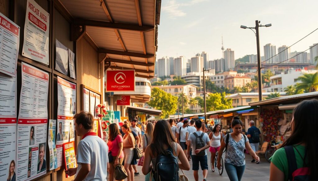 A vibrant street scene depicting the "Mercado de Aluguel" in Maringá, Brazil. In the foreground, students peruse rental listings posted on the walls of a bustling open-air market, discussing options and negotiating deals. The middle ground shows colorful stalls and vendors selling household goods, furniture, and other necessities. In the background, the skyline of the university town is visible, with its distinctive modern architecture and lush greenery. The scene is bathed in warm, golden afternoon light, creating a lively and dynamic atmosphere that captures the energy of the student rental market. A vibrant street scene depicting the "Mercado de Aluguel" in Maringá, Brazil. In the foreground, students peruse rental listings posted on the walls of a bustling open-air market, discussing options and negotiating deals. The middle ground shows colorful stalls and vendors selling household goods, furniture, and other necessities. In the background, the skyline of the university town is visible, with its distinctive modern architecture and lush greenery. The scene is bathed in warm, golden afternoon light, creating a lively and dynamic atmosphere that captures the energy of the student rental market.