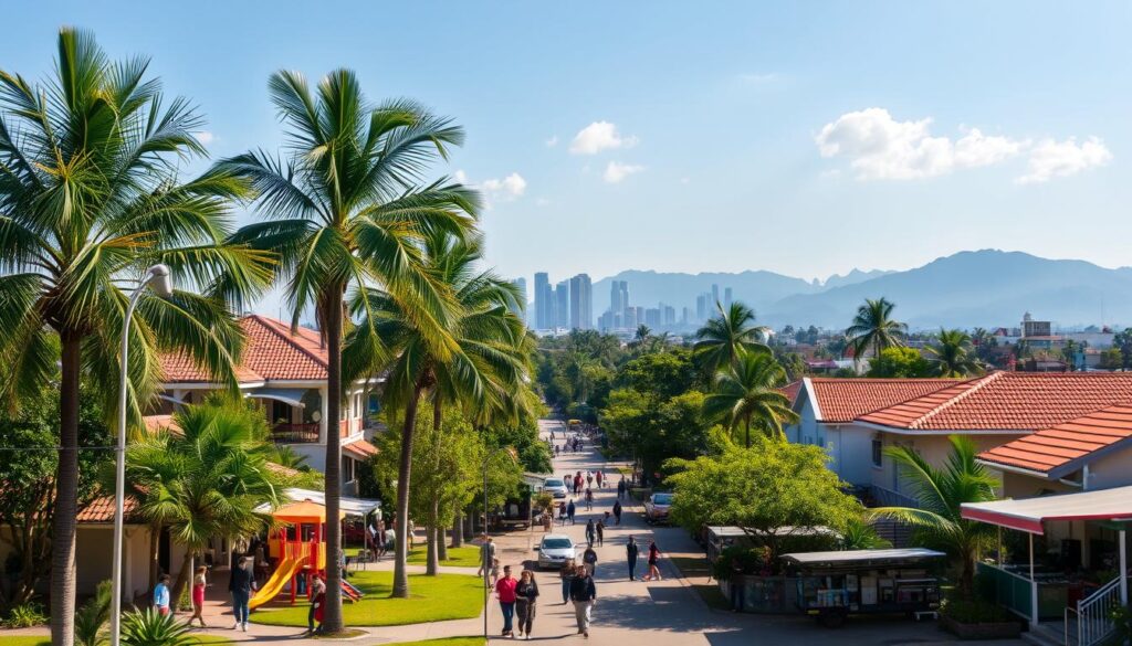 A vibrant, sun-dappled street in the charming Maringá neighborhood, lined with lush palm trees and well-maintained homes with terracotta roofs. In the foreground, a family-friendly park with a children's playground and people strolling leisurely. The middle ground features a bustling local market, its colorful stalls and vendors selling fresh produce and artisanal wares. In the background, the silhouette of towering skyscrapers and the distant outline of the Paraná mountains, creating a harmonious blend of urban and natural elements. The overall atmosphere exudes a sense of community, comfort, and a high quality of life. A vibrant, sun-dappled street in the charming Maringá neighborhood, lined with lush palm trees and well-maintained homes with terracotta roofs. In the foreground, a family-friendly park with a children's playground and people strolling leisurely. The middle ground features a bustling local market, its colorful stalls and vendors selling fresh produce and artisanal wares. In the background, the silhouette of towering skyscrapers and the distant outline of the Paraná mountains, creating a harmonious blend of urban and natural elements. The overall atmosphere exudes a sense of community, comfort, and a high quality of life.